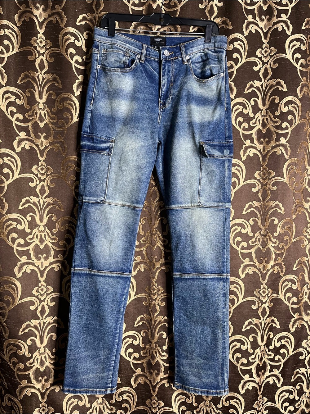 Forever 21 Men's Faded Blue Slim Cargo Jeans